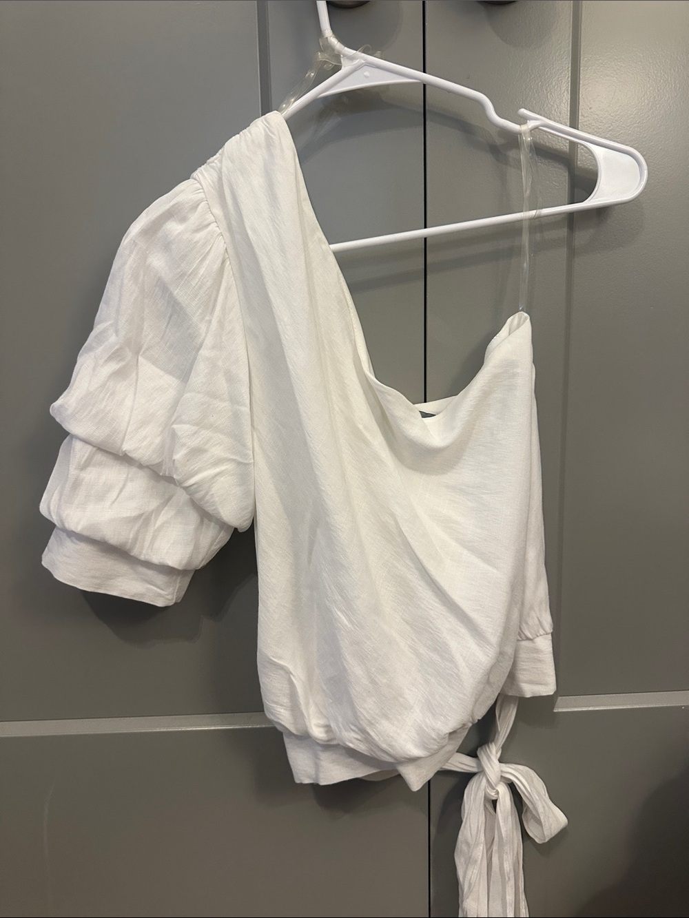 Women’s One-Shoulder White Tie-Hem Top